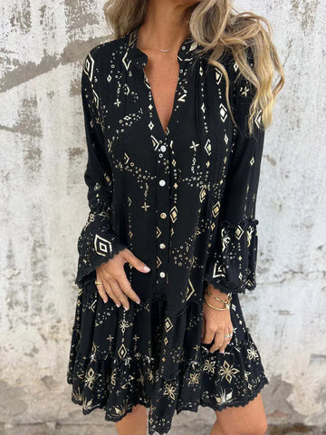 Boho Chic Print Button-Down Dress