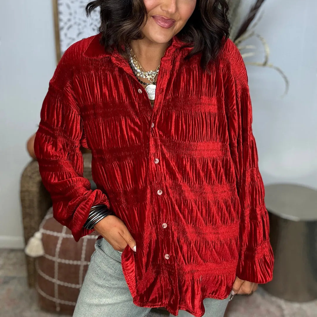Velvet Button-Up Long Sleeve Shirt